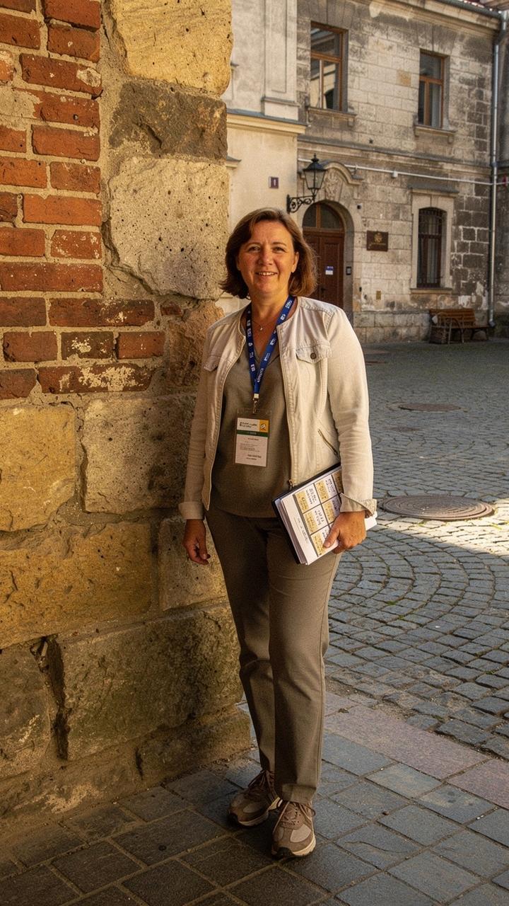 Certified local guide Olena Marchenko in a stone courtyard in Kyiv old town, holding a folder of museum tickets before a morning city walk
