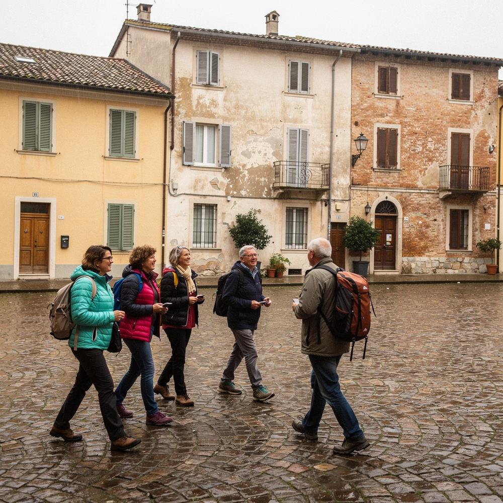Small guided group walking a cobbled old town square past townhouses during a morning city walk